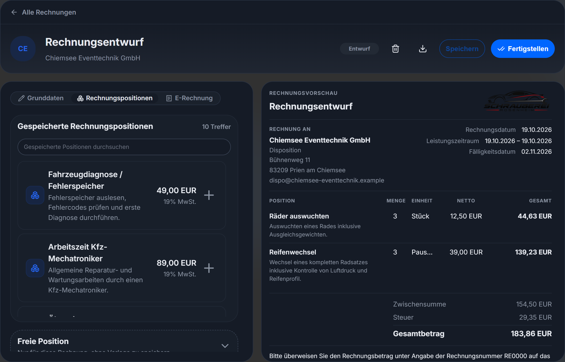LUKIVA Rechnungseditor: links die gespeicherten Rechnungspositionen, rechts die Live-Vorschau der Rechnung mit Summen und Steuer