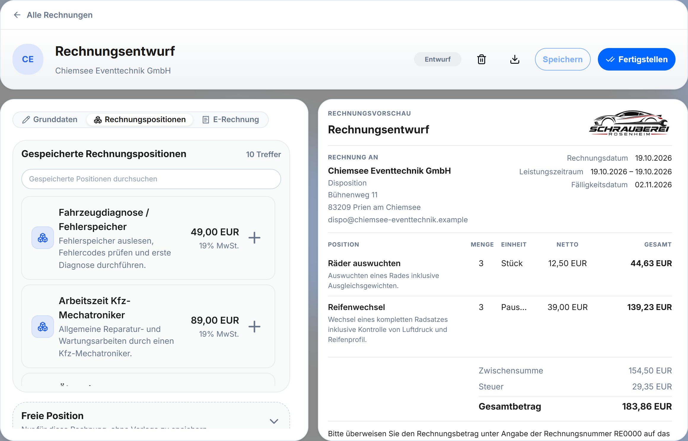 LUKIVA Rechnungseditor: links die gespeicherten Rechnungspositionen, rechts die Live-Vorschau der Rechnung mit Summen und Steuer